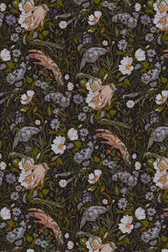 a floral wallpaper with hands reaching for flowers