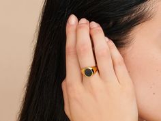 Laurel Oval Black Onyx Signet Ring in Gold Plated Silver Twisted Gold Ring, Ring For Boyfriend, Onyx Signet Ring, Big Personality, Black Stone Ring, October Birthstone Rings, Cartilage Earrings Hoop, Gold Signet Ring, Black Onyx Ring