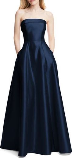 Alfred Sung Strapless Cuff Satin Gown | Nordstrom Vestido Strapless, Prom Dress Inspo, Alfred Sung, Navy Bridesmaid Dresses, Full Circle Skirt, Prom Dress Inspiration, Strapless Gown, Blue Bridesmaid Dresses, Satin Gown