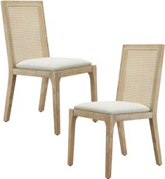 a pair of wooden chairs with white cushions on each chair and one has a beige seat cushion