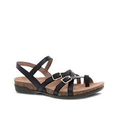 Dansko-Roslyn Sandal Add pizzazz to your summer adventures with the Dansko Roslyn sandal. Crisscross straps with dual buckles on the vamp offer a cagey look while the textured cork midsole provides shock absorption and support. Black Cork Footbed Sandals For Summer, Summer Black Cork Footbed Sandals, Black Cork Sandals With Buckle Closure, Spring Cork Footbed Sandals With Buckle Closure, Spring Cork Sandals With Buckle Closure, The Vamp, Summer Adventures, The Vamps, Black Sandals