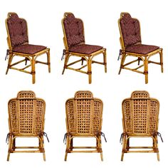 set of six bamboo chairs with red upholstered back and seat cushions, mid 20th century