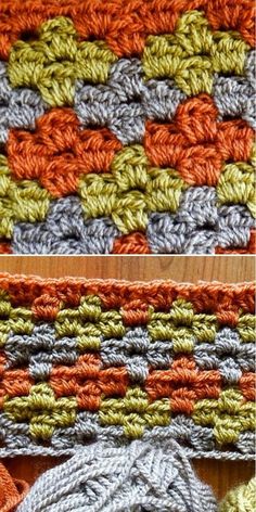 two crocheted squares are shown in different colors and sizes, one is orange, the other is gray