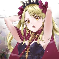 an anime character with blonde hair wearing a red dress and holding her hands behind her head