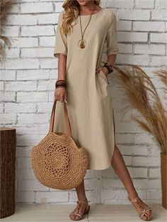 Women's Short Sleeve Summer Plain Cotton Dress Crew Neck Daily Going Out Casual Maxi H-Line T-Shirt Dress Khaki | justfashionnow Casual Beige Solid Color Dress, Casual Khaki Summer Dress, Khaki Short Sleeve Summer Dress, Khaki Beach Dress, Casual Khaki Cotton Dress, Beige Half-sleeve Summer Dress, Beige Half Sleeve Summer Dress, Khaki Beach Dresses With Pockets, Beige Half Sleeve Beach Dress