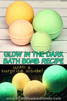 A Glow in the Dark Bath Bomb recipe with a suprise inside that's a great project for kids! This educational activity is a fun science and chemistry lesson that kids will ask to do over and over again. Wait until you see what's inside! #bathbombs #glowinthedark #chemistry Diy Glow In The Dark, Glow Stick Jars, Bath Truffles, Bath Bomb Recipe, Glow Jars, Diy Glow, Magickal Herbs, Bath Recipes, Bombe Recipe