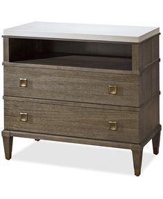 an entertainment center with two drawers and a white top on the bottom, in dark wood