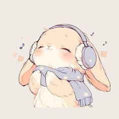 a cartoon bunny with headphones and a scarf around it's neck, sleeping