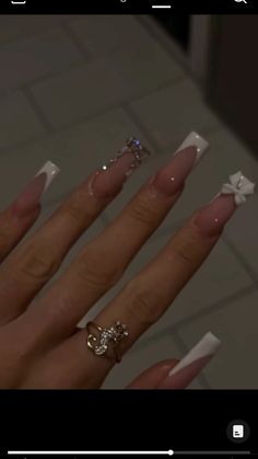 Long Nails Coffin Design, White Tip With Rhinestones, White Nails Simple Design, Square Acrylic Nails With Rhinestones, Nails For Cheer, New Years Acrylics, White French Design Nails, French Tip Acrylic Nails Bling