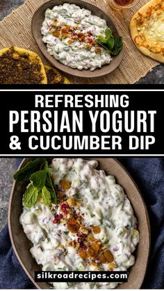 two plates filled with different types of food and the words refreshing persian yogurt and cucumber dip