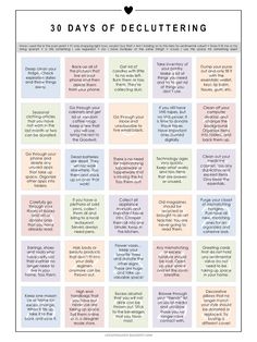 the 30 days of decluttering poster with words and pictures on it,