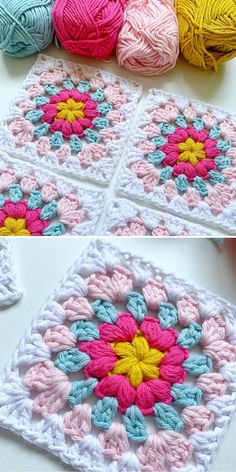 four crocheted squares with different colors of yarn on them and one has a flower in the middle