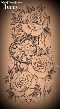 a tattoo design with roses and clocks on it