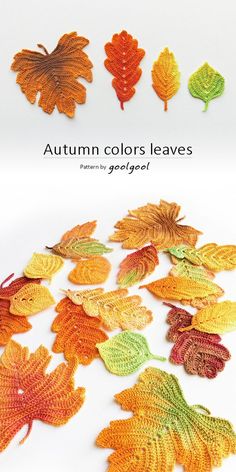 crocheted autumn leaves are shown in different colors