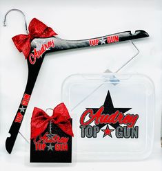 "Show your team spirit with a custom personalized uniform hanger. Base hanger is either white or black, and has a pant clip.  -Adult Hanger measures 17\" x 0.5\" x 10\" -Youth Hanger measures 14.5\" X .05\" X 9.84\" (Note, Youth hanger only comes in white) -Large Bow/ Accessory Box- Box Measures 7.7\"x8.1\"x2.4\" Garment Uniform/ Costume Bags come in white and black and will match your hanger color if ordered.  Design is for 1 side of hanger. * For Team Orders of 15 or more, message shop owner d Uniform Hangers Cheer, Pom Squad Gifts, Cheer Hangers Diy, Cute Cheer Gifts For Team, Sharks Crafts, Cheer Hangers, Cheerleading Gifts For Team, Cheerleader Accessories, Cheer Uniform Hanger