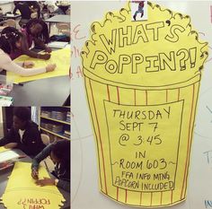 a group of people sitting around a table with some writing on it and a sign that says what's poppen?