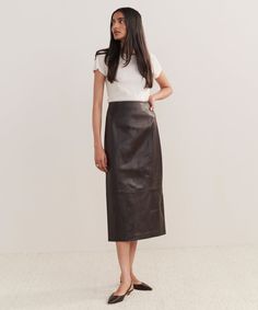 Leather Sienna Skirt Fitted Leather Pencil Skirt In Modern Style, Fitted Modern Leather Pencil Skirt, Modern Fitted Leather Pencil Skirt, Casual Leather Skirt For Work, Gold Pencil Skirt, Chocolate Leather, Jenni Kayne, Fisherman Sweater, Leather Pencil Skirt