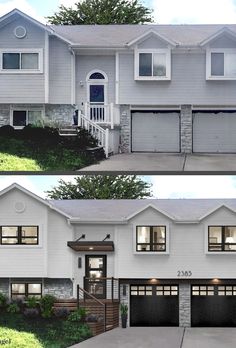 before and after photos of a two story house with garage doors open on both sides