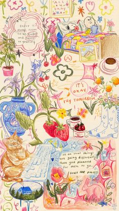 a drawing of flowers and other things on a white paper with words written in it