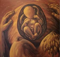 a painting of two hands holding a baby in the middle of it's body