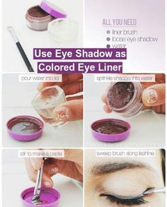 How to use eyeshadow as eyeliner Diy Beauty Products To Sell, Makeup Tutorial Foundation Flawless Face, Eyeshadow As Eyeliner, How To Use Eyeshadow, Makeup Organizing Hacks, Makeup Storage Hacks, Eye Makeup Application, Makeup Life Hacks, Bad Makeup