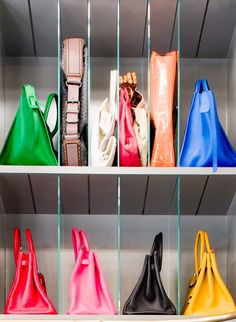 colorful handbags are lined up on shelves