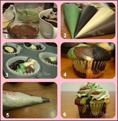 an image of cupcakes being made with chocolate and green frosting on them