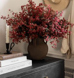 a vase filled with red flowers sitting on top of a dresser next to a stack of books