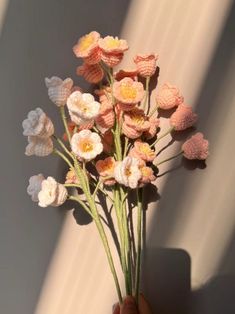 a hand holding a bouquet of flowers in front of a white wall with sunlight coming through the window