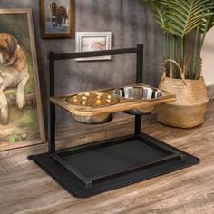 a dog is eating food out of a metal dish on a stand next to a potted plant