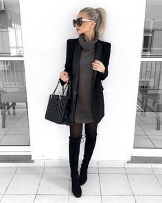 Black Over The Knee Boots, 가을 패션, Work Outfits Women, Business Casual Outfits, Winter Fashion Outfits, Office Outfits, Over The Knee Boots