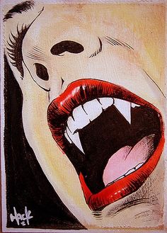 a drawing of a woman's mouth with red lipstick and fangs on her lips