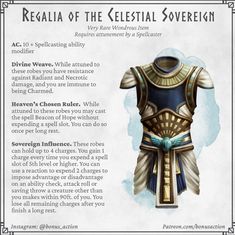 the regalia of the celestial sovereign is shown in this image, with information about it