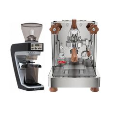 an espresso machine and grinder sitting next to each other