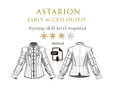 the astralon early access outfit sewing pattern is shown with instructions for how to sew