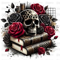 a skull sitting on top of two books with roses and skulls in the middle of it