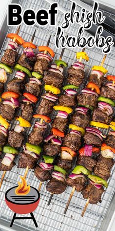 beef shish kabobs on skewers over an open fire with the words beef shish in black