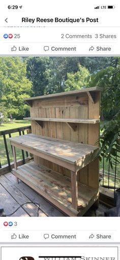 a wooden shelf sitting on top of a porch next to a tree and fence with the words billy reese boutique's post