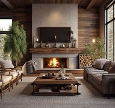 a living room filled with furniture and a fire place in the middle of the room