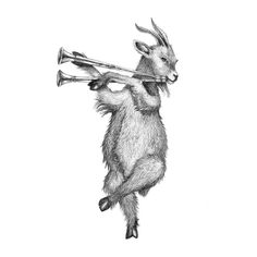 a drawing of a goat playing the trombone with its head in it's mouth