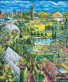 a painting of a garden with lots of trees and plants in it, surrounded by buildings