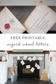 a fireplace with two envelopes hanging from it and the words free printable wizard school letters