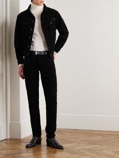 TOM FORD's corduroy trousers are a smart alternative to casual denim. They're cut from soft cotton-blend corduroy for a slim straight fit that works particularly well with boots and loafers. The branded leather patch on the waistband is a house signature. Tall Mens Fashion, Black Pants Black Boots, Black Corduroy Pants Outfit, Style Black Denim Jacket, John Varvatos Style, Punk Professional, Alternative Fashion Men, Tom Ford Menswear, Corduroy Pants Outfit