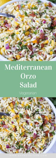 mediterraneann orzo salad with vegetables in a white bowl