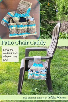 a chair that is sitting in the grass with some knitting items on top of it