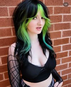 Green Blonde And Black Hair, Gothic Dyed Hair, Black Hair With Vivid Color, Beetle Juice Hair, Teal And Black Hair, Black Emo Hair, Checker Hair, Green And Black Hair, Emo Hair Color