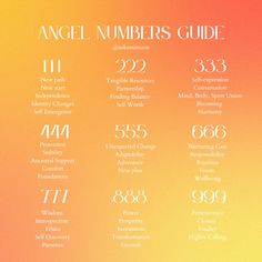 the angel numbers guide is displayed on a colorful background with an orange and yellow hue