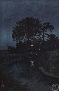 the night sky is lit up with fireflies and stars above a river in front of a house