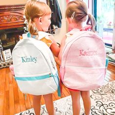 "Our Personalized Kids Backpacks are super cute and well made! These Monogrammed Seersucker Backpacks are lightweight, and perfect for kids. They also make great diaper bags, with side pockets for drinks and an exterior zipper pocket. Each of our personalized backpacks can be customized to create a truly one-of-a-kind personalized baby gift. We professionally monogram each backpack in our shop in East Tennessee, with over 60,000 monograms of experience. Our monogrammed backpacks make the sweetes Personalized Backpack Kids, Monogram Backpack, Grey Backpacks, Purple Backpack, Colorful Backpacks, Personalized Backpack, Kids Backpack, Personalized Gifts For Kids, School Bags For Girls