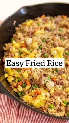 an easy fried rice dish in a skillet on a red and white checkered table cloth